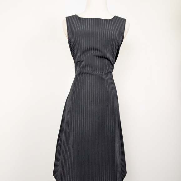 90s Pinstripe Mini Dress Short Thigh Length High Neckline Pleated Fitted Stripes - Picture 14 of 14